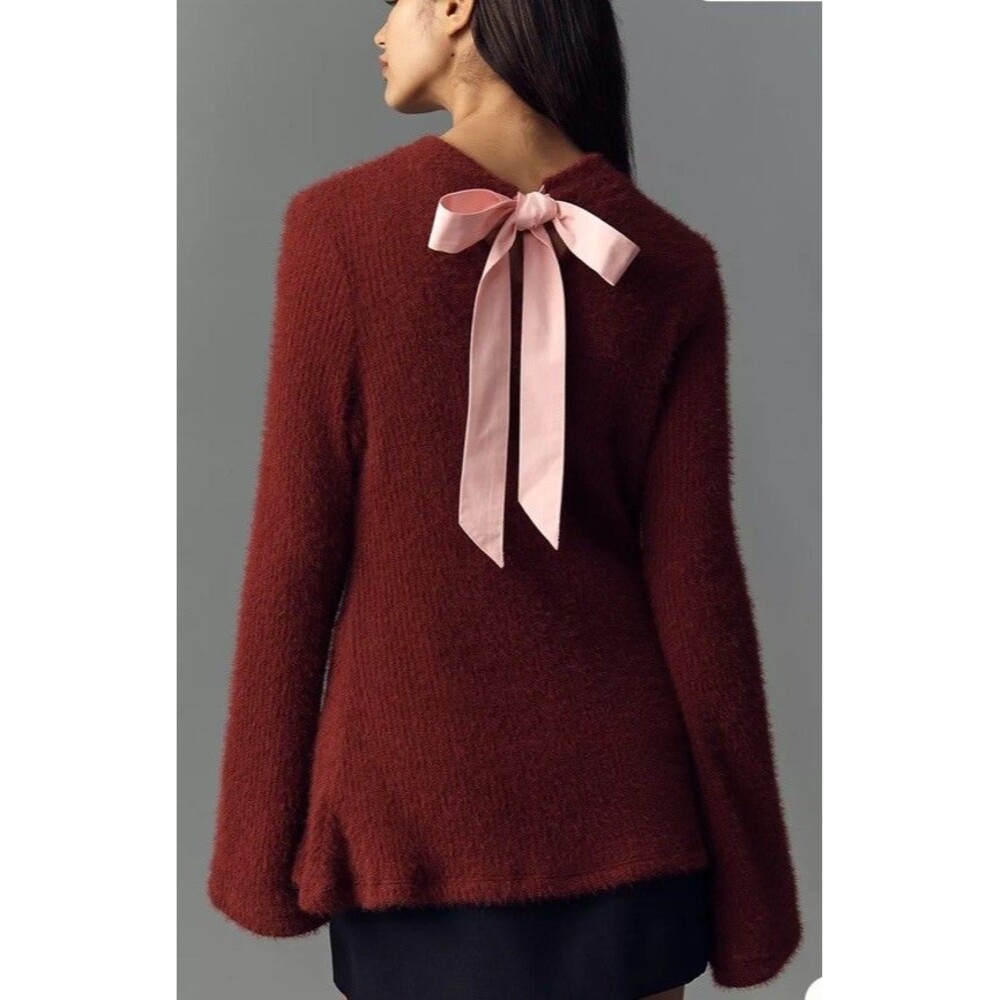 Anthropologie Maeve Tie-Back Bell-Sleeve Top, Tunic Burgundy Sz XXS New Polished